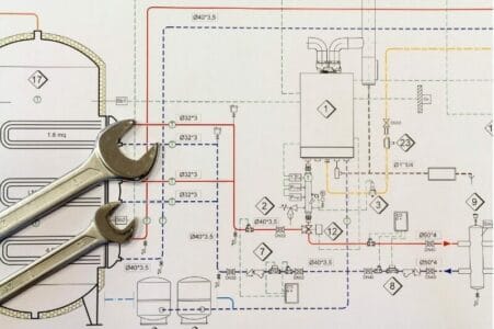 Plumbing plans and schematics laid out with wrench on top